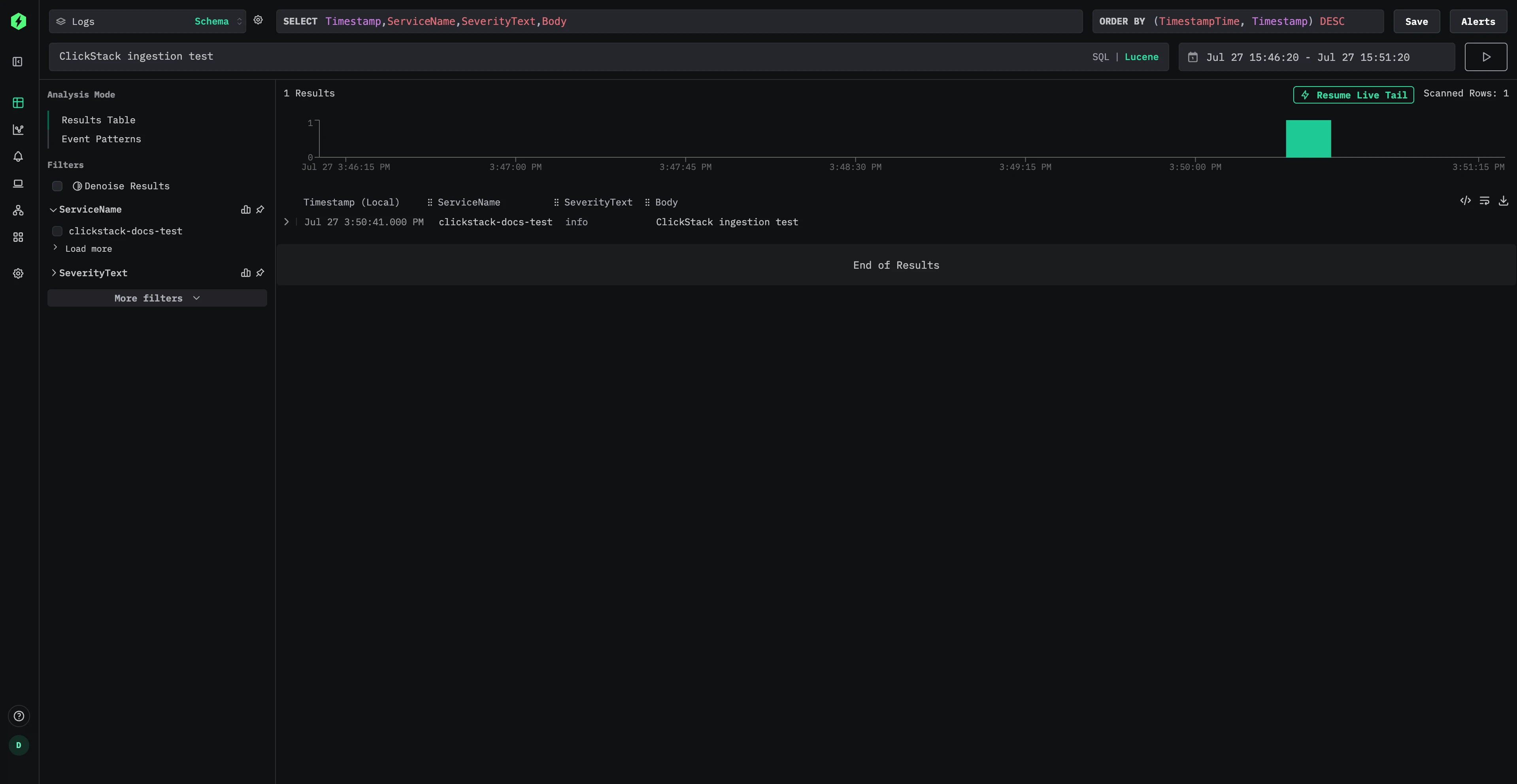 ClickStack Open Source logs view showing the ClickStack ingestion test event