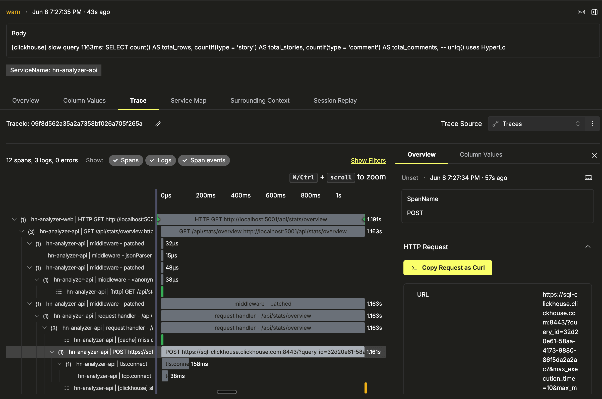 ClickStack trace with an Express handler span and a child HTTP span to ClickHouse