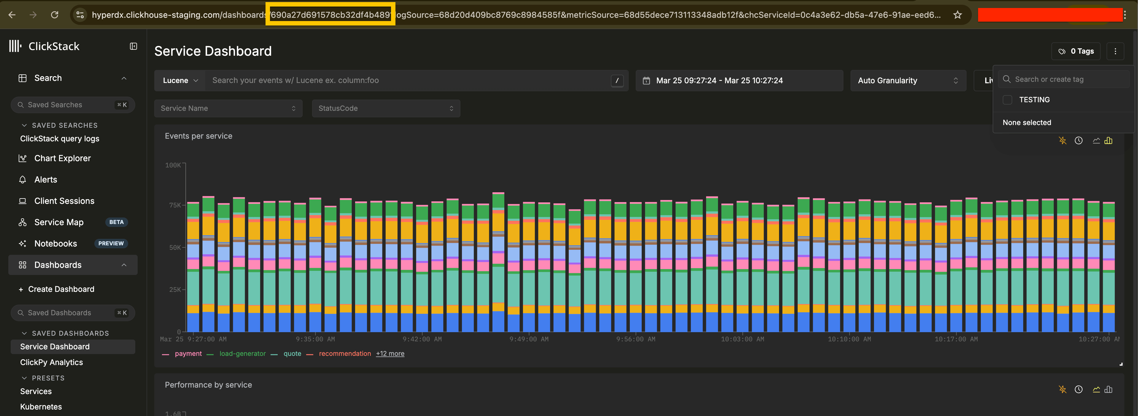 Dashboard showing the resource ID in the URL bar and a tag in the top-right corner