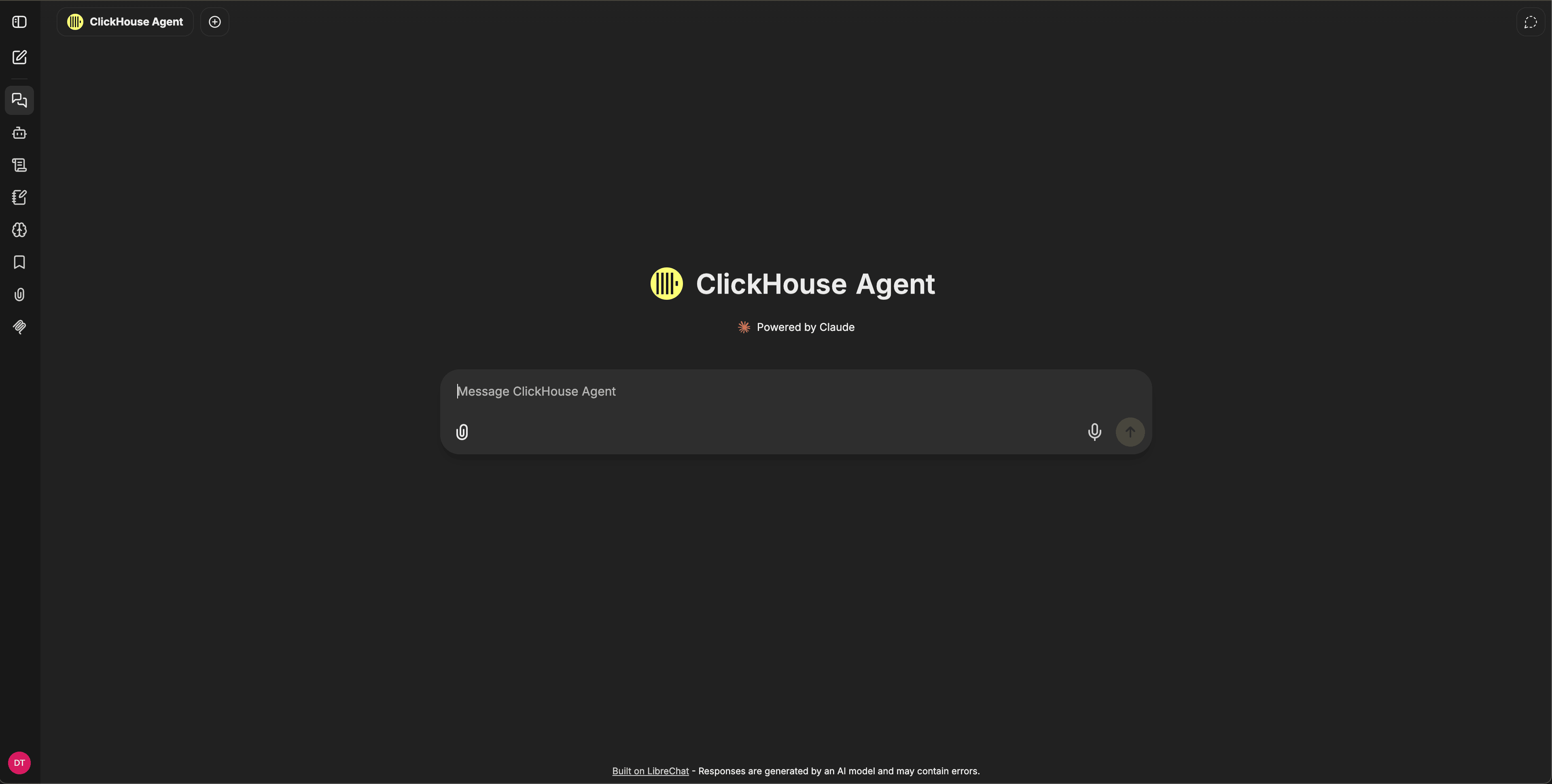 ClickHouse Agent chat surface showing the left navigation, the agent identity header, and the message composer