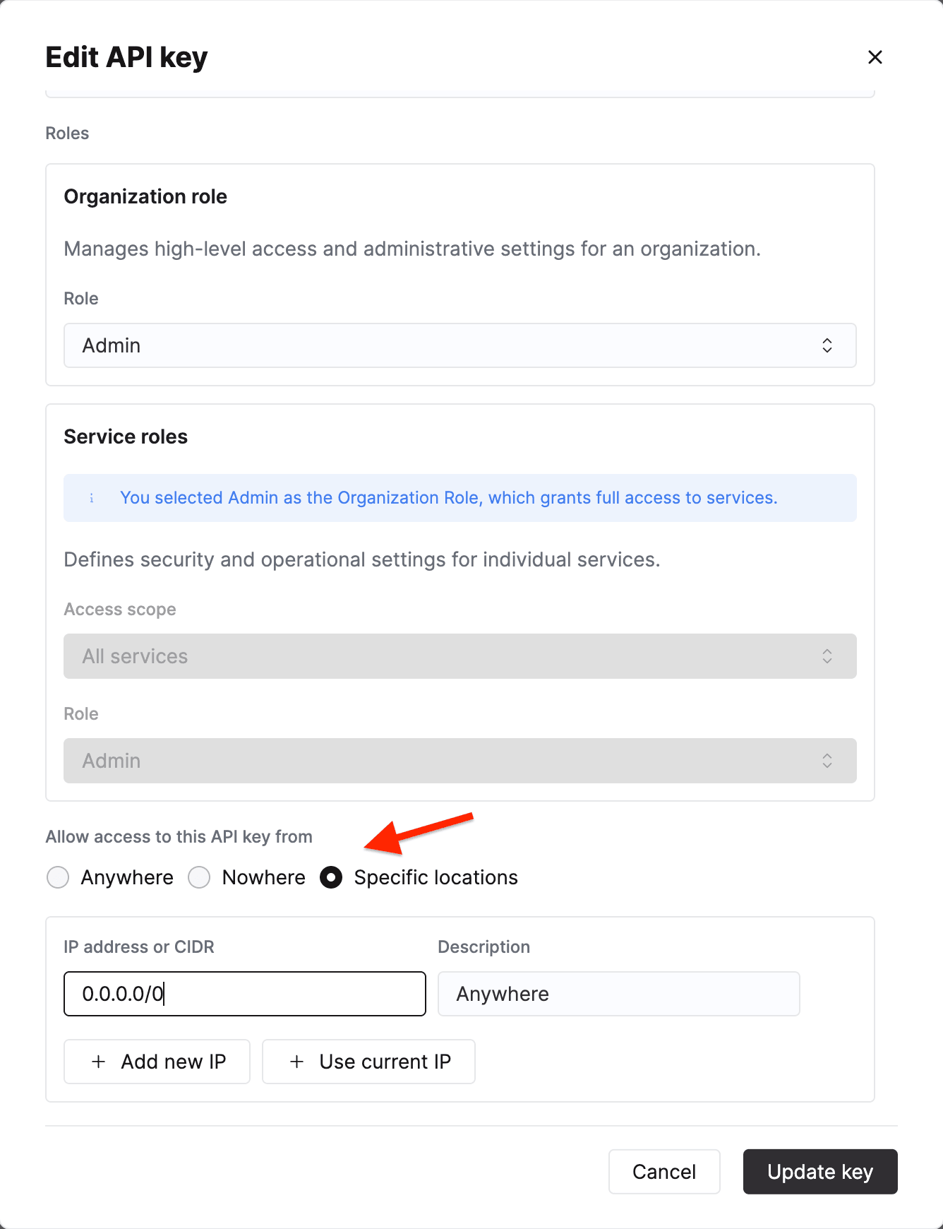Allowed IP addresses configured for an API key