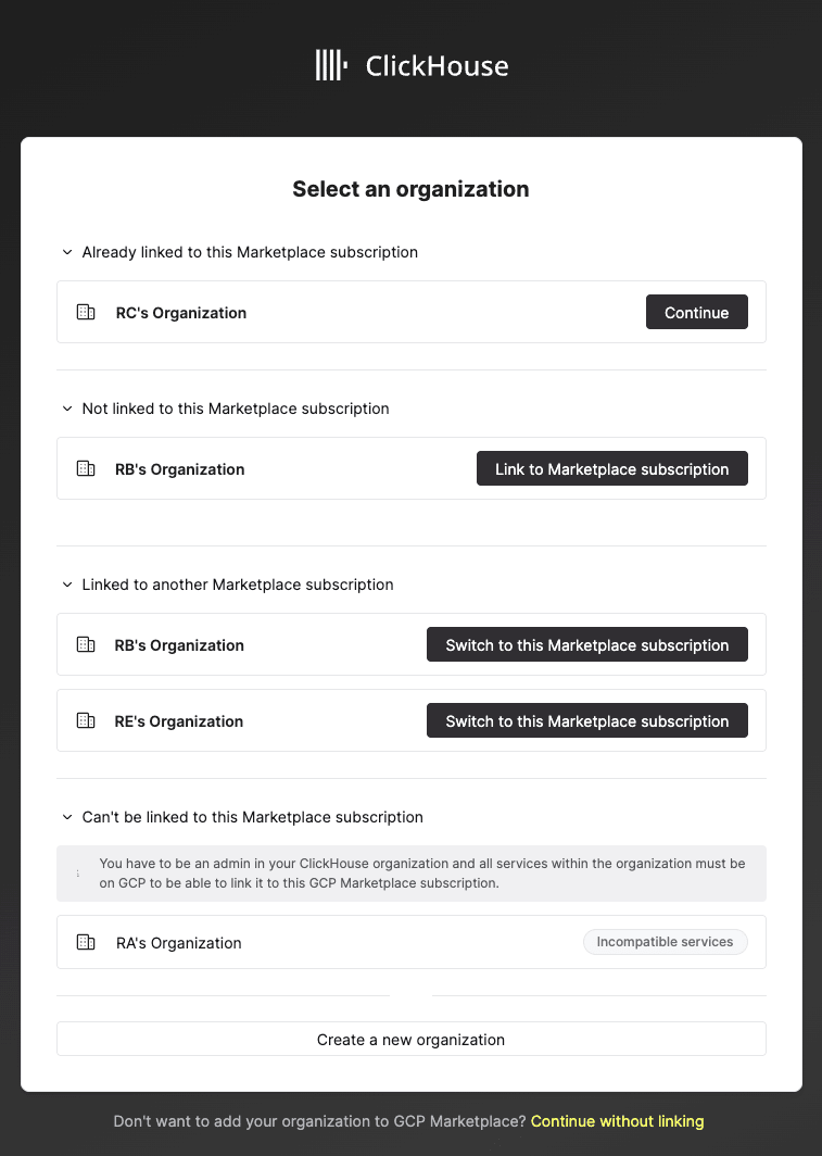 Marketplace signup and org linking