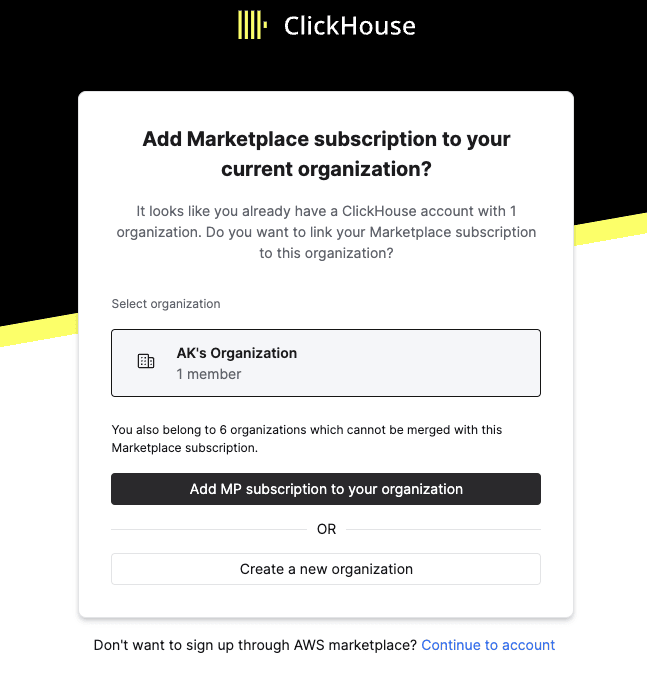 ClickHouse Cloud interface showing how to add a marketplace subscription to an existing organization