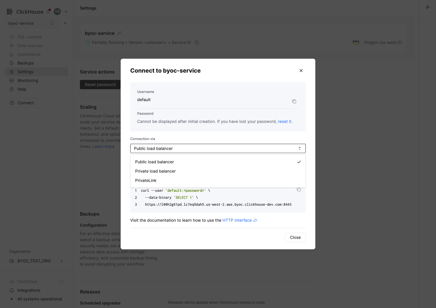 Connect dialog with the Connection via dropdown expanded, showing the public load balancer, private load balancer, and PrivateLink paths