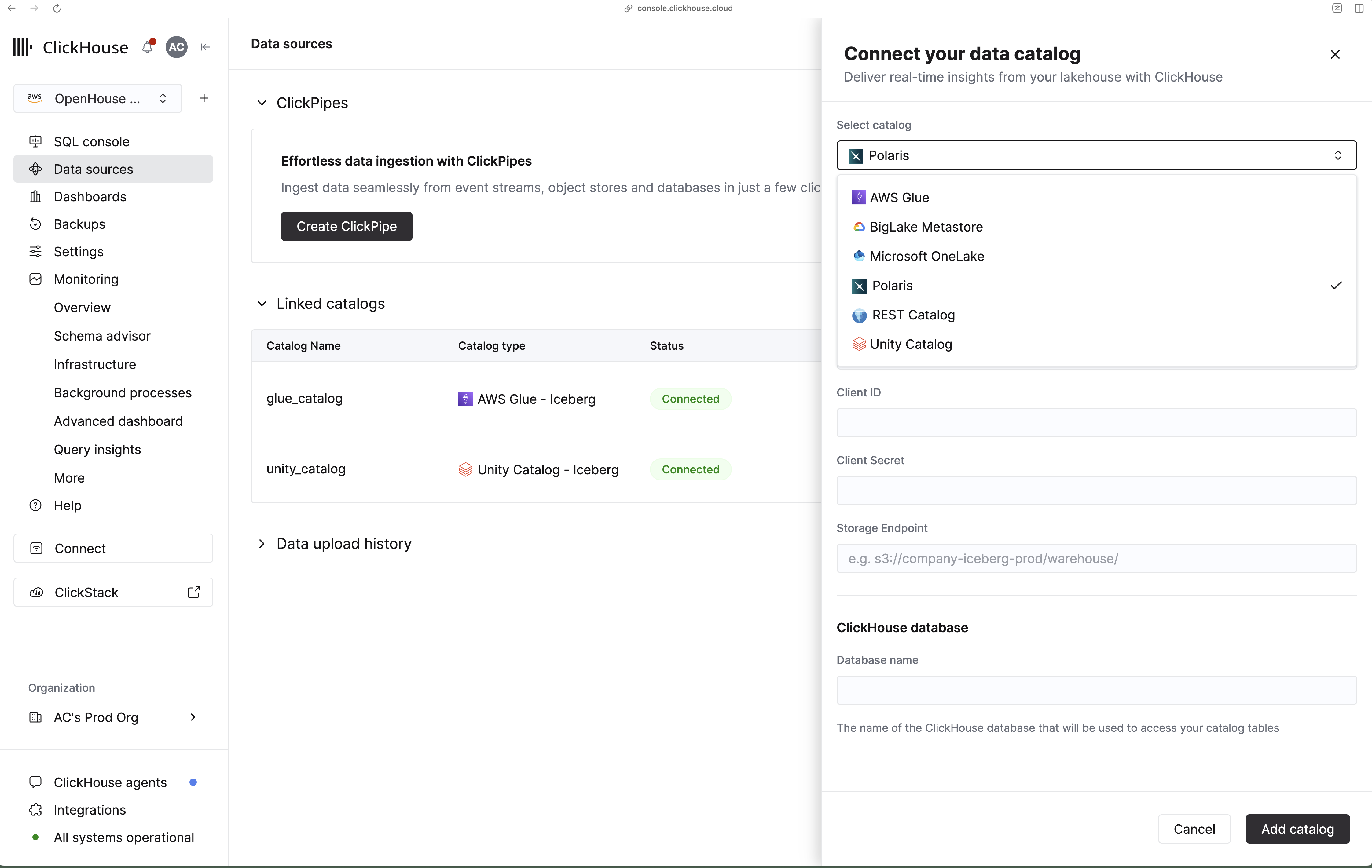 Connect your data catalog flyout with Select catalog dropdown showing AWS Glue, BigLake Metastore, Microsoft OneLake, Polaris, REST Catalog, and Unity Catalog
