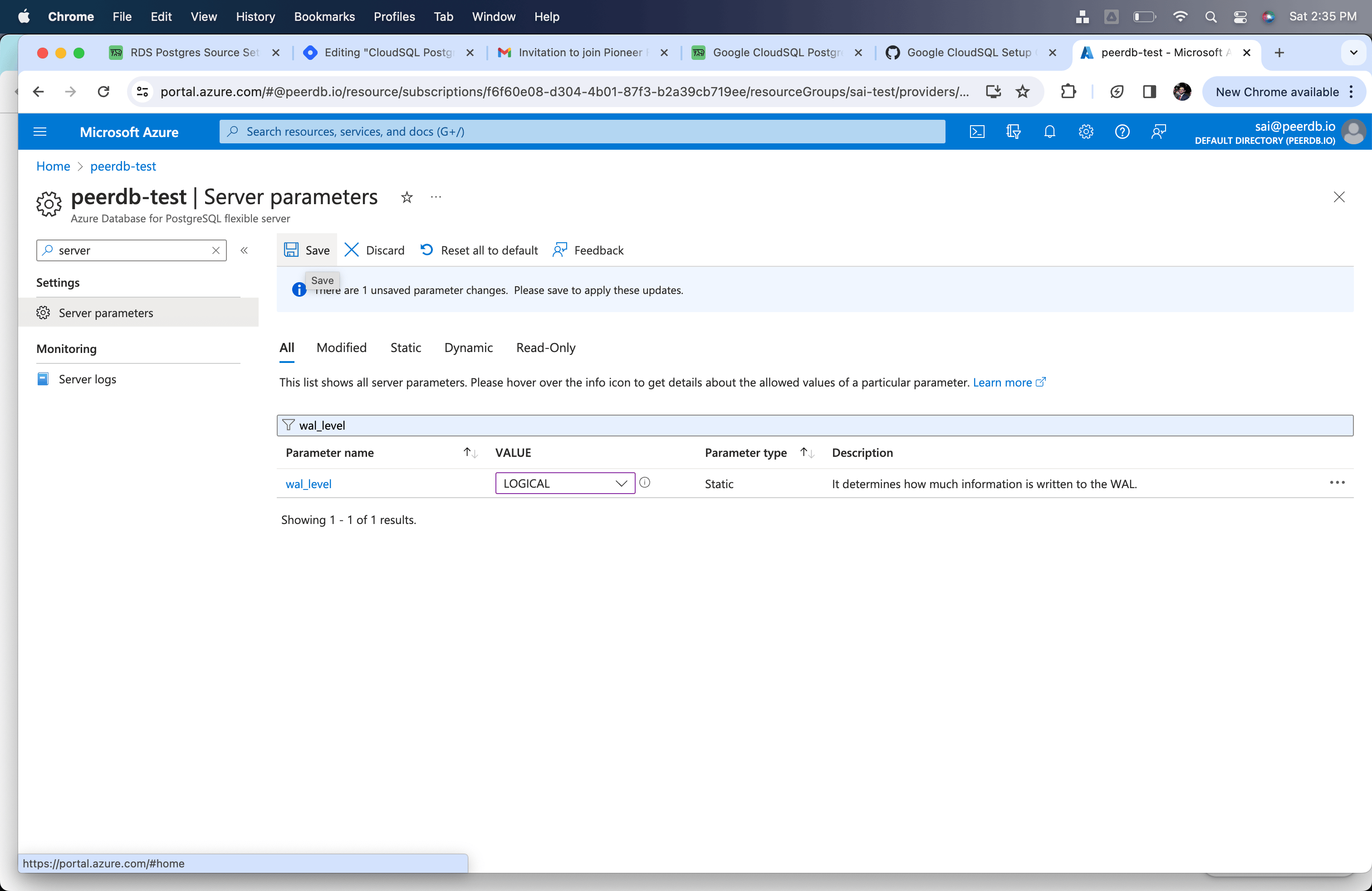 Change wal_level to logical in Azure Flexible Server for Postgres
