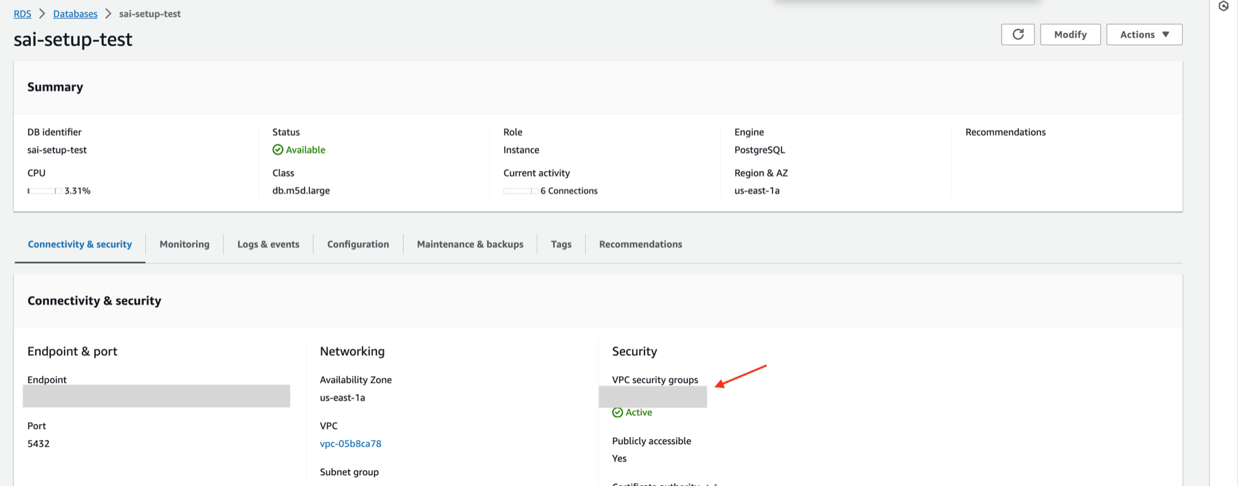 Where to find security group in Aurora PostgreSQL?