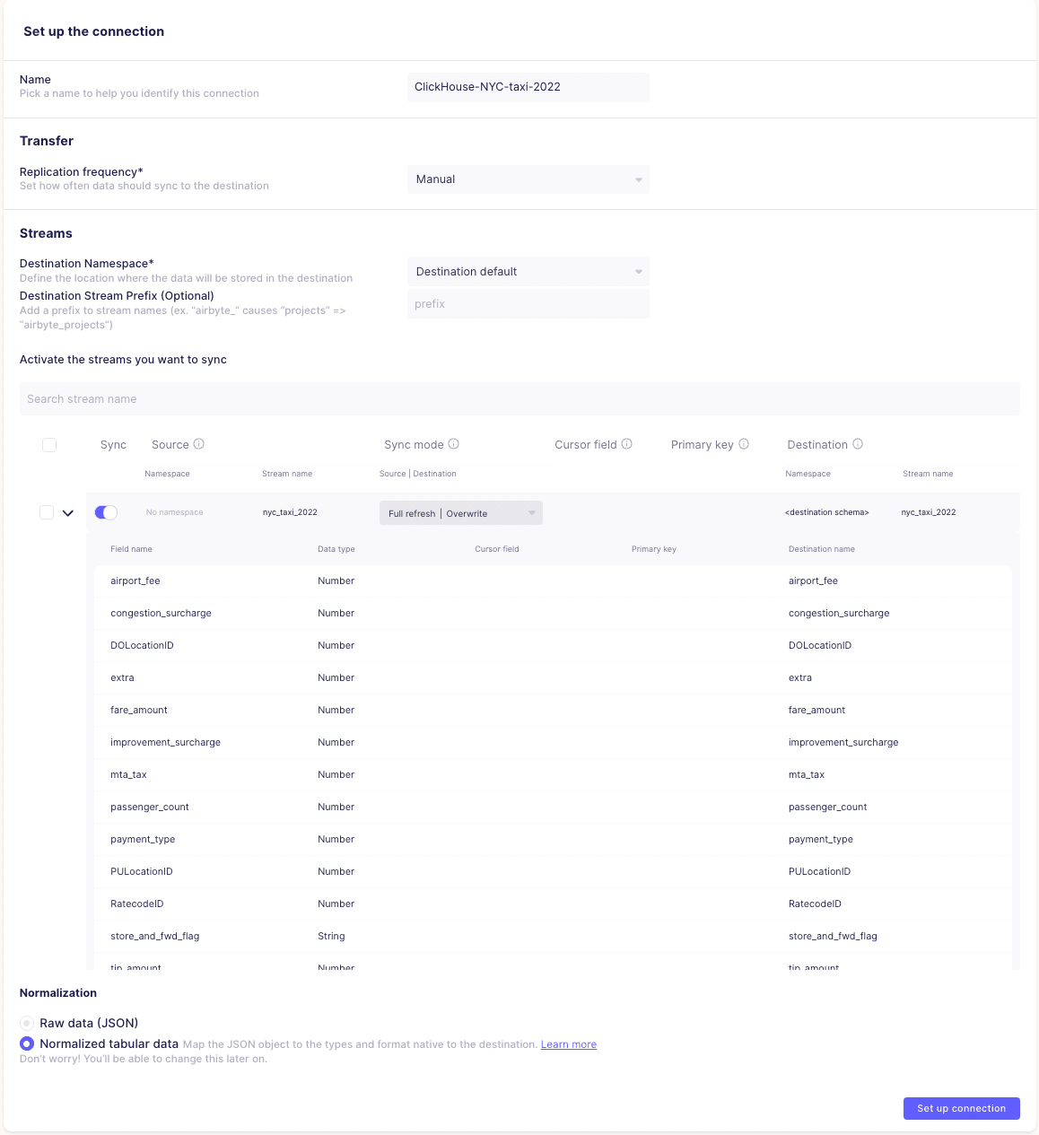 Connection creation in Airbyte