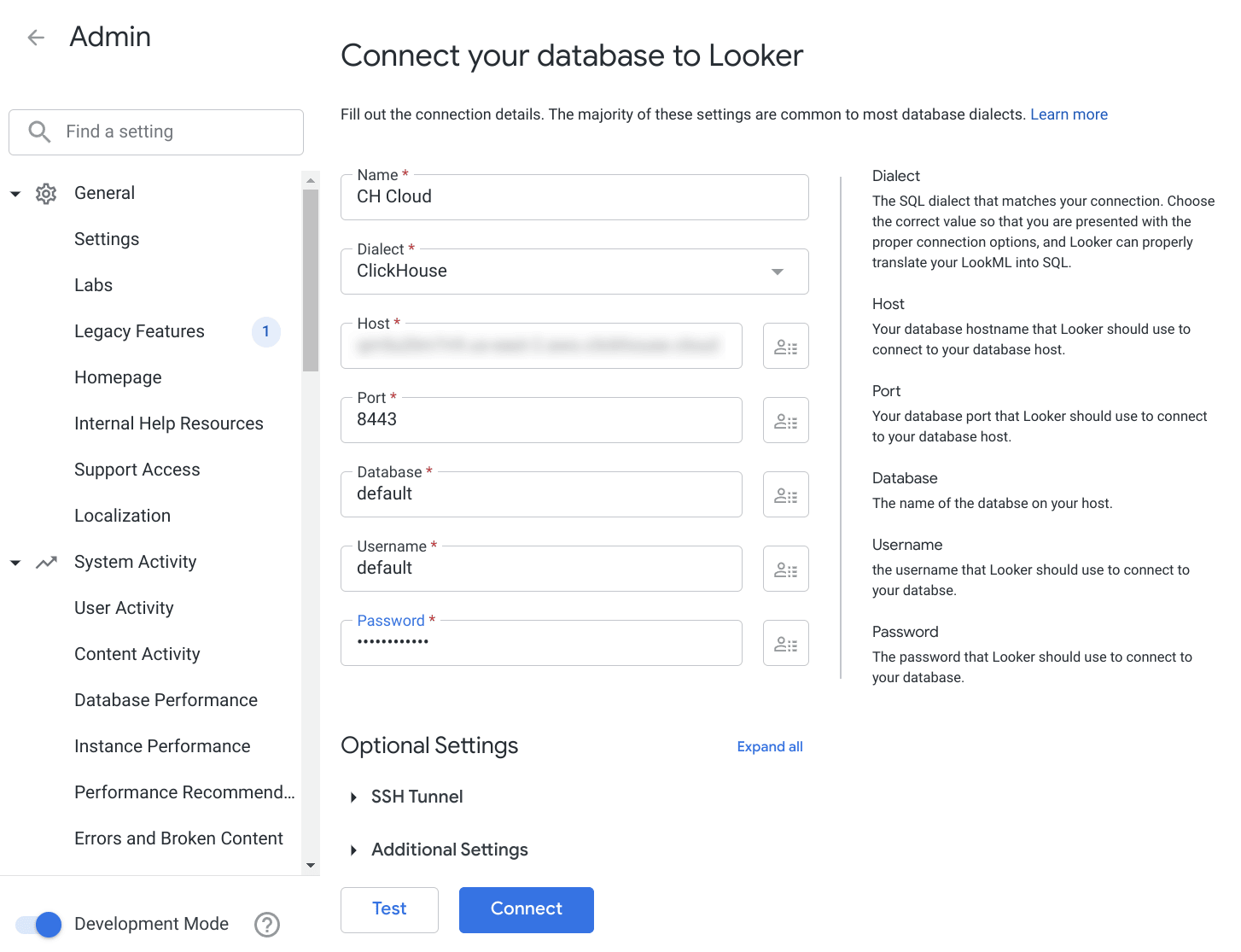 Specifying your ClickHouse credentials in Looker connection form