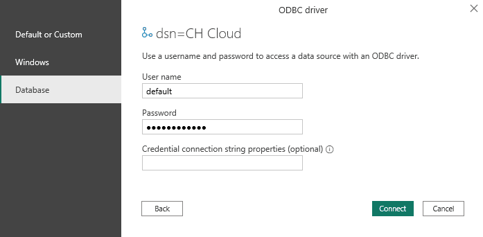 Credentials dialog for the ODBC DSN connection