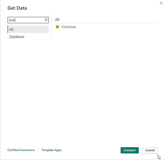 Power BI Get Data dialog with ClickHouse searched in the search bar