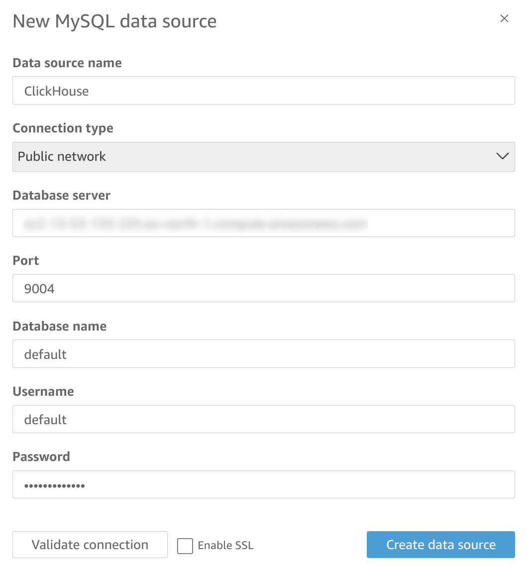 QuickSight MySQL connection configuration form with hostname, port, database and credential fields