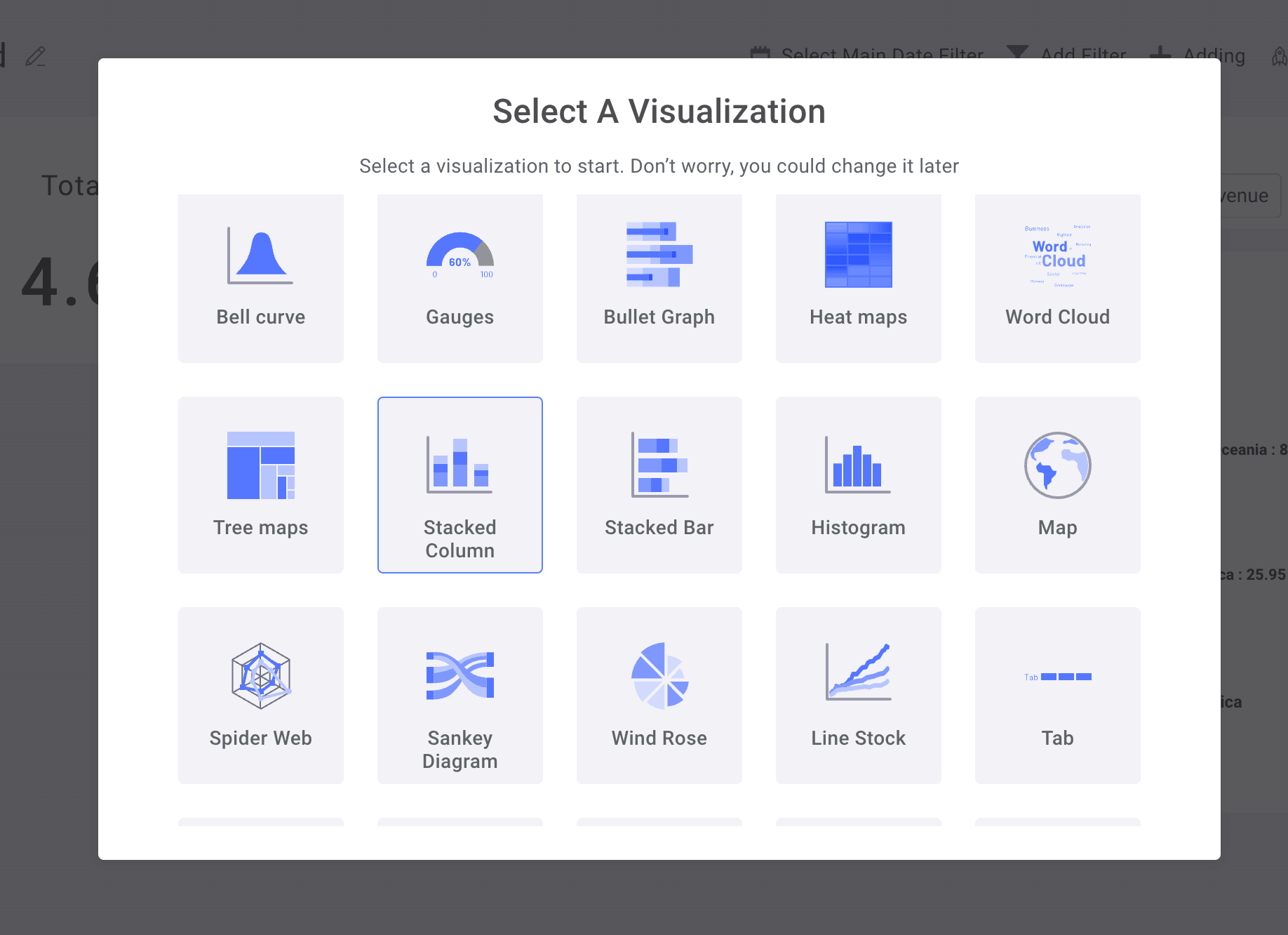 Stacked column chart creation interface with time-series data