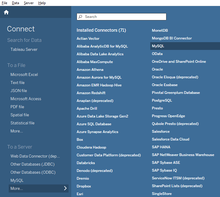 Tableau Desktop interface showing the Connect menu with MySQL option highlighted