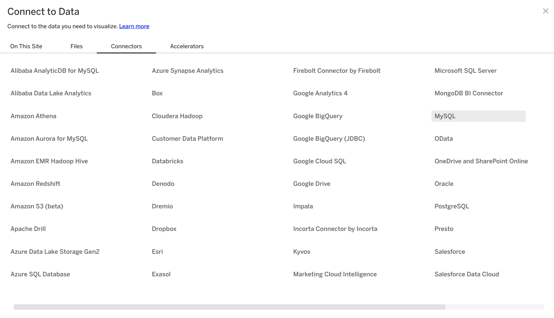 Tableau Online connector selection screen with MySQL option highlighted