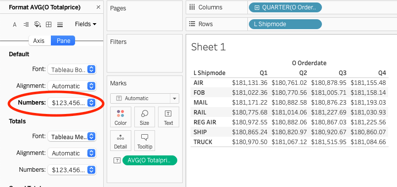 Tableau crosstab showing average order price by quarter and shipment mode with currency formatting