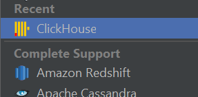 DataGrip selecting ClickHouse from the data sources list