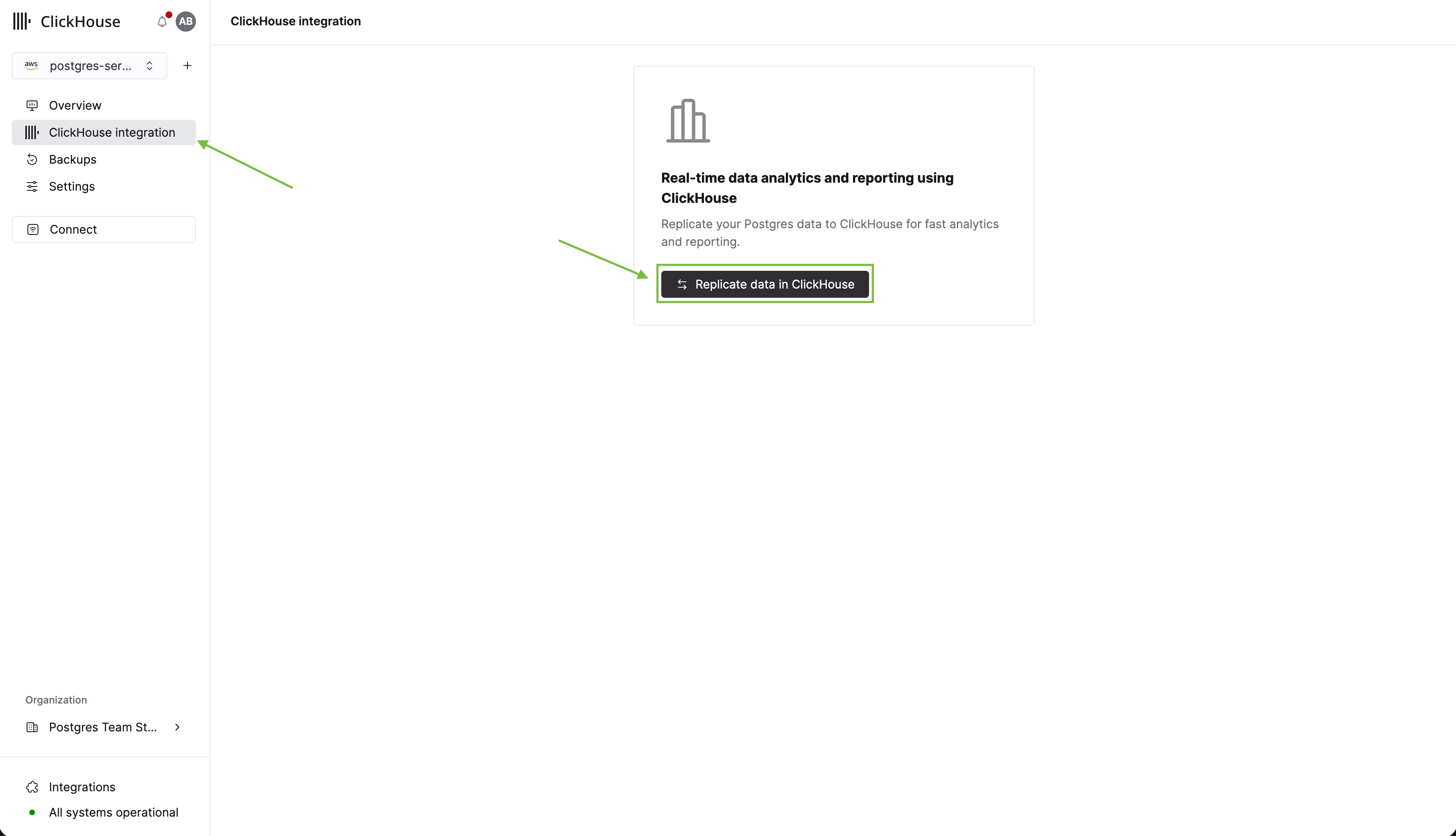 ClickHouse Managed Postgres integration empty
