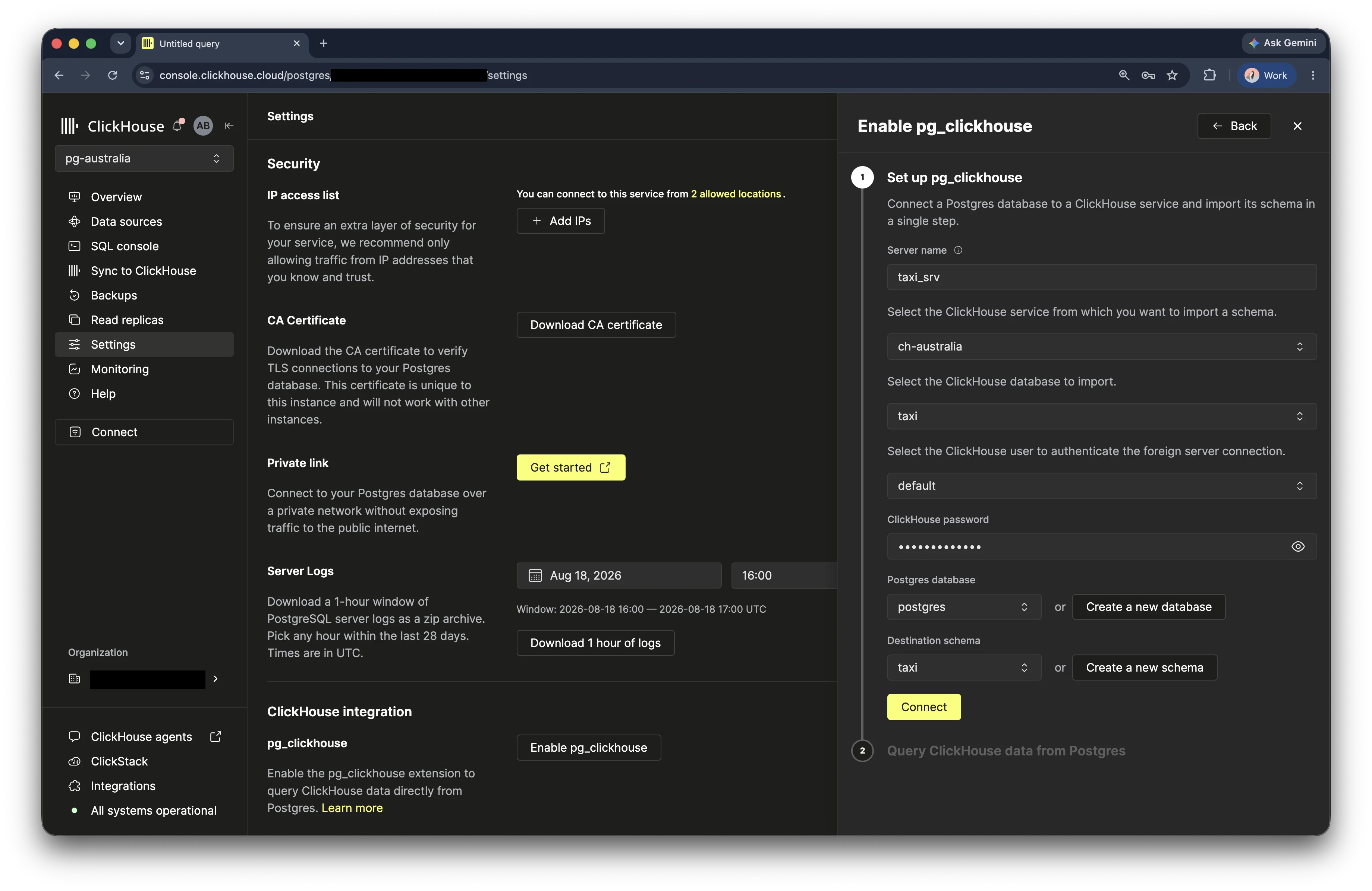 pg_clickhouse setup form for the taxi database in the ClickHouse Cloud console