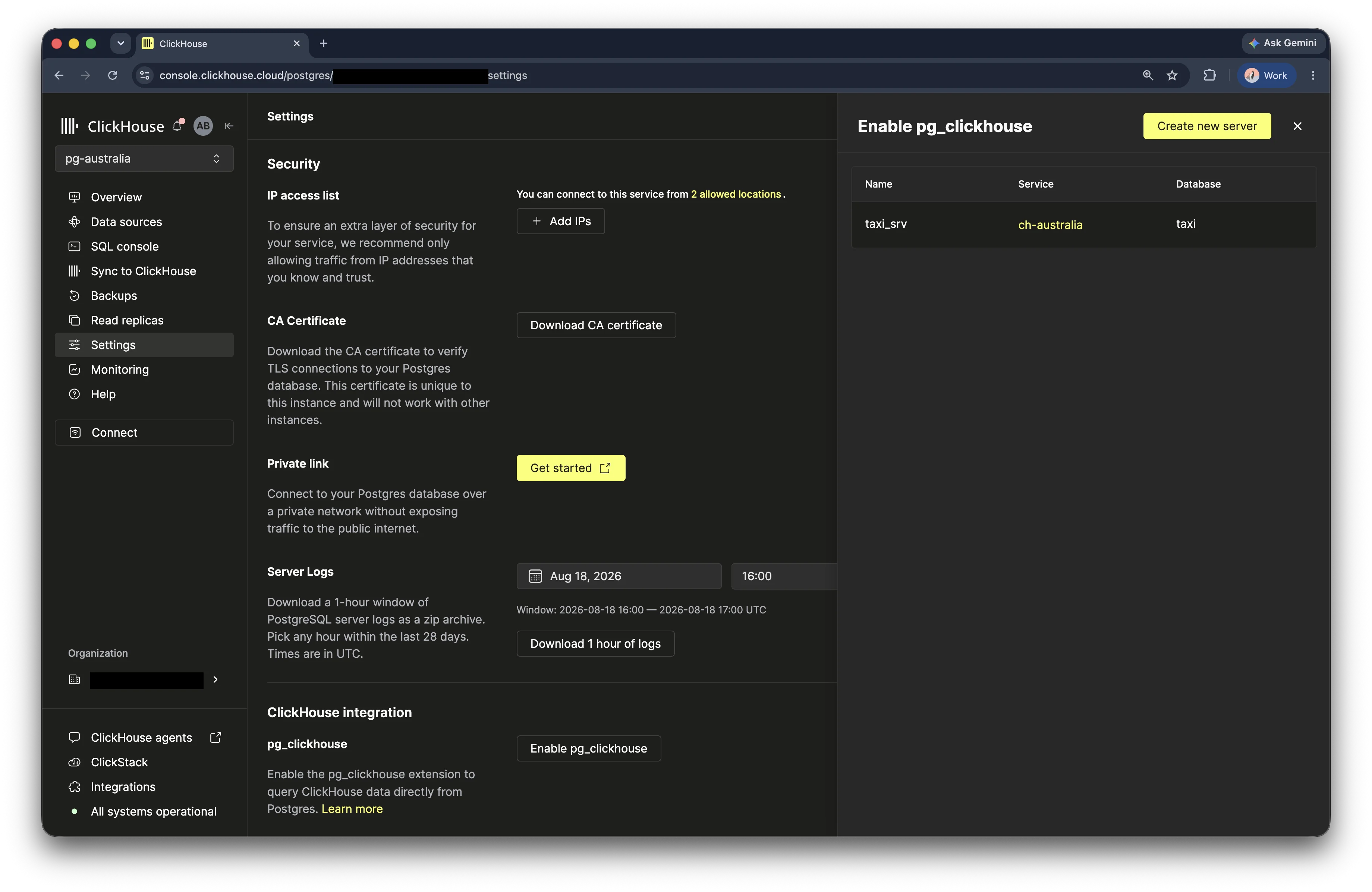 Foreign server list showing the taxi pg_clickhouse connection