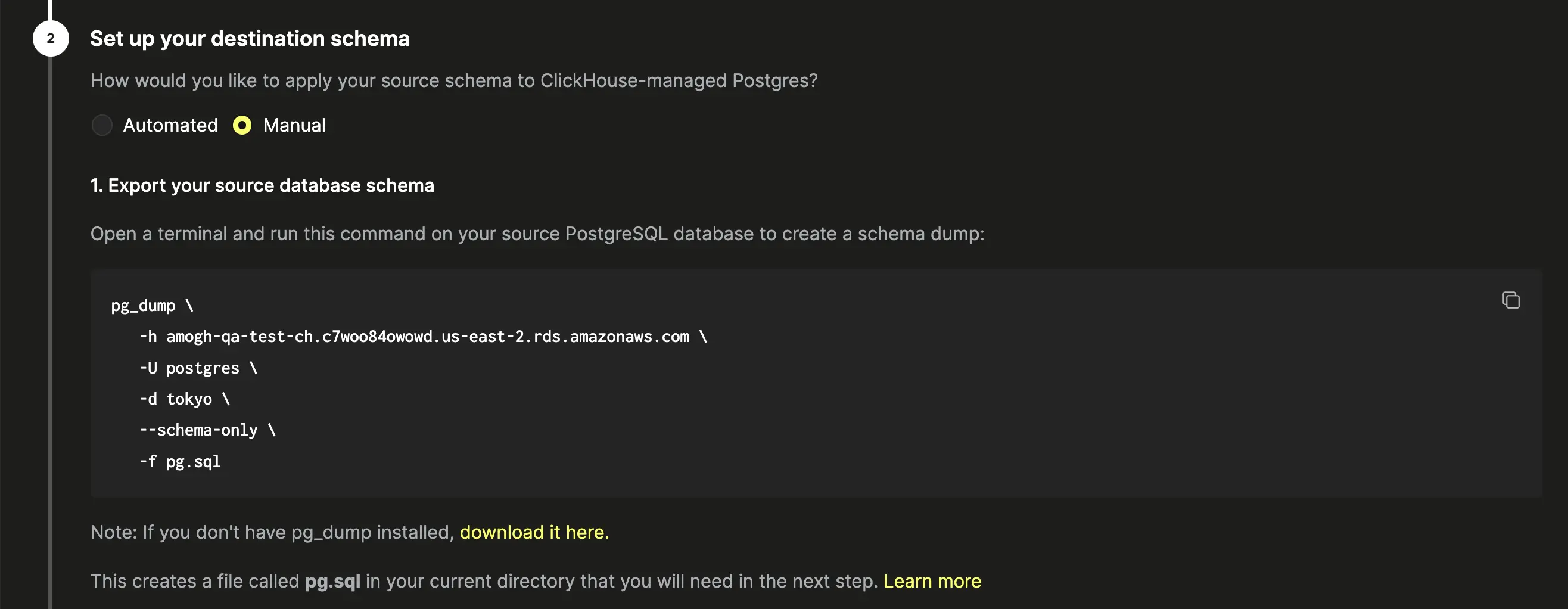 Step 2: Manual schema migration with pg_dump export command