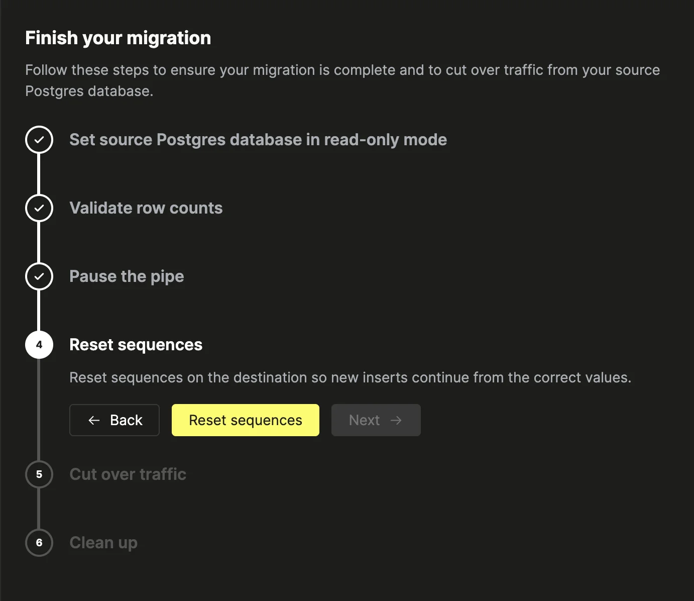 Post-migration step 4: reset sequences on the destination